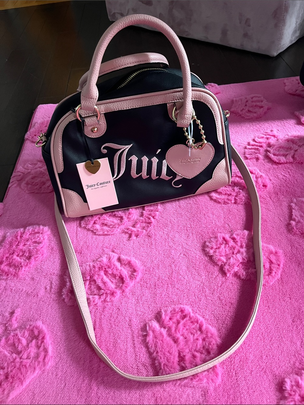 Exclusive Juicy Couture Black and Pink Dome Satchel with Heart Charm